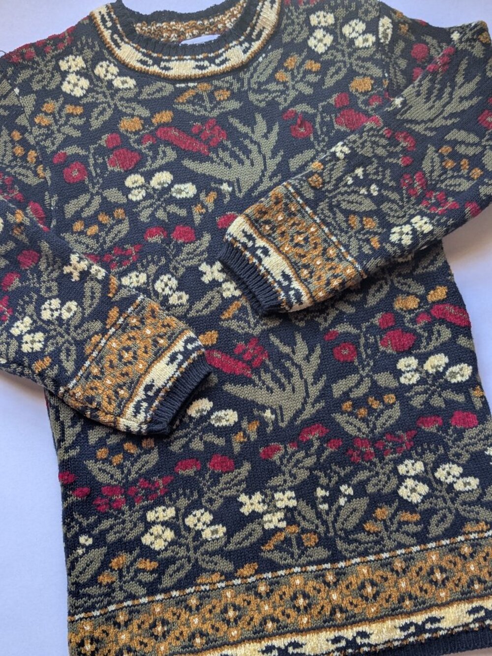 Vintage Lands' End Floral Patterned Knit Graphic Cotton Blend Crewneck Sweater